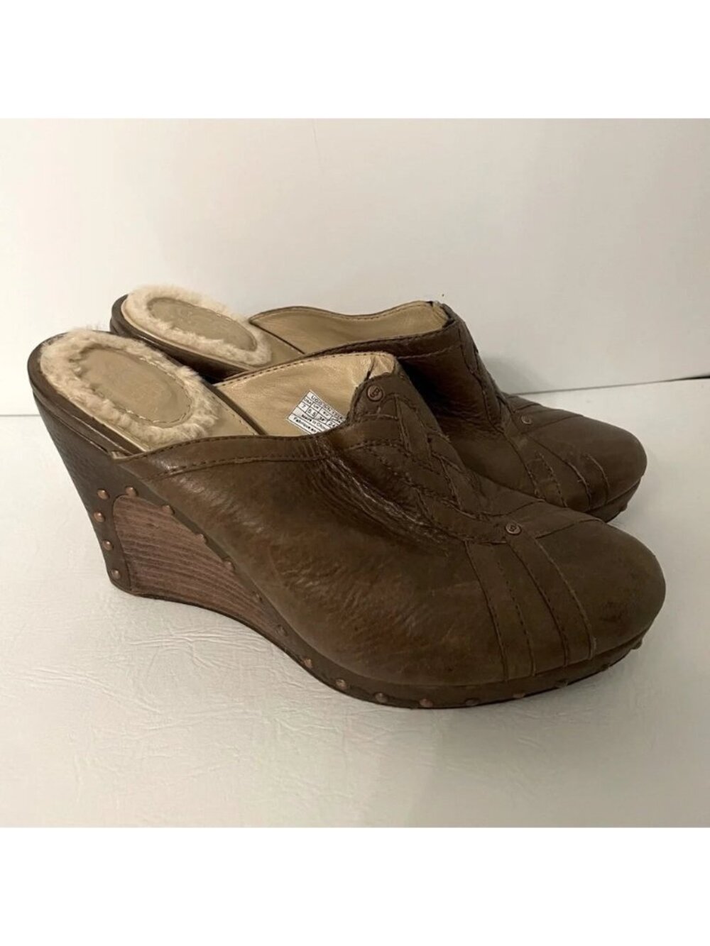 UGG Australia Brown Leather Studded Wedge Clog Sandals - 7